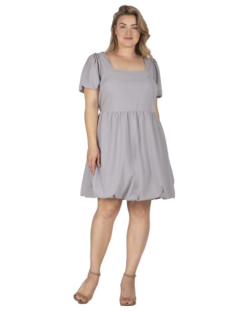 Front of a model wearing a size 20 Women's Puff Sleeves Square Neck Balloon Skirt Mini Dress in Grey by Standards & Practices. | dia_product_style_image_id:276451
